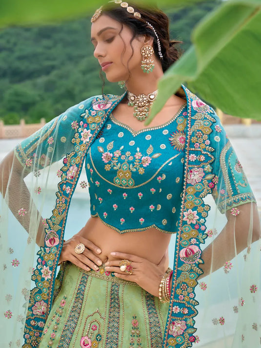 Aqua Blue and Mint Green Embroidered Lehenga with Dupatta