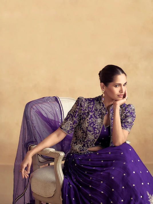 Royal Purple Chinnon Silk Embroidered Lehenga with Net Dupatta