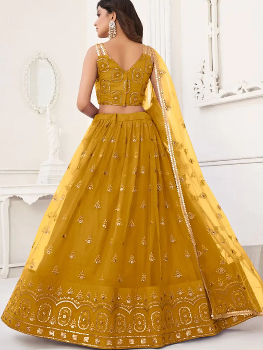 Thread Embroidered Net Yellow Lehenga Choli For Haldi Function