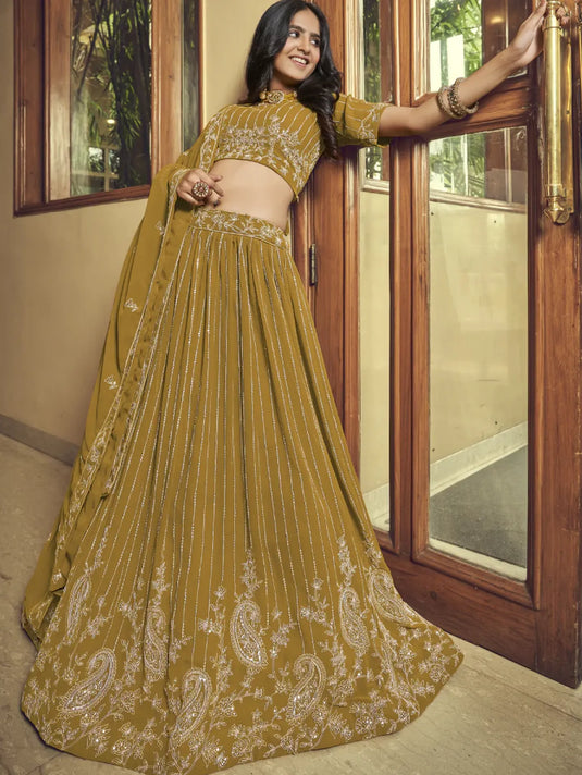 Viscose Thread Work Faux Georgette Mustard Yellow Lehenga