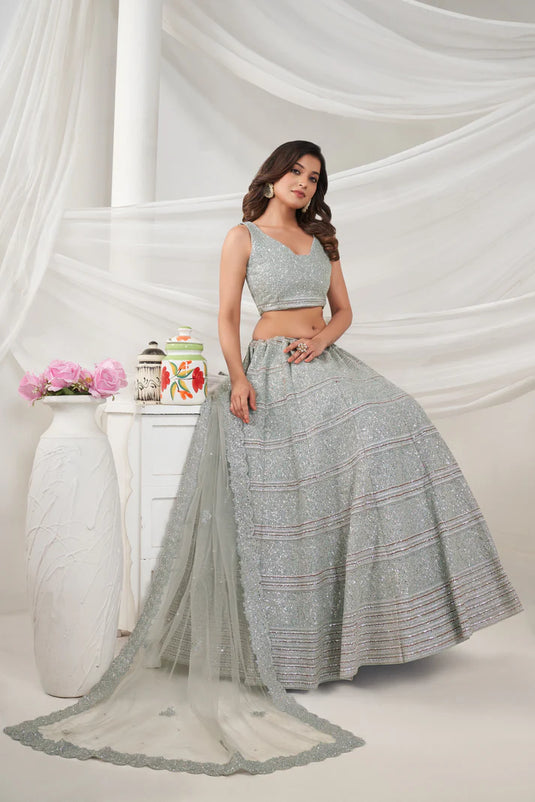 Elegant Grey Lehenga Set with Sequin & Stone Embellishments