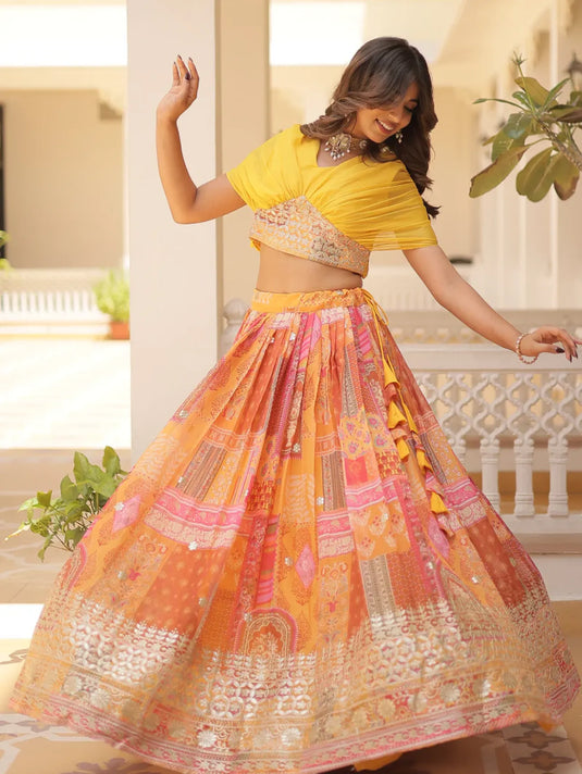 Foil Work Silk Digital Printed Haldi Special Yellow Crop Top Lehenga