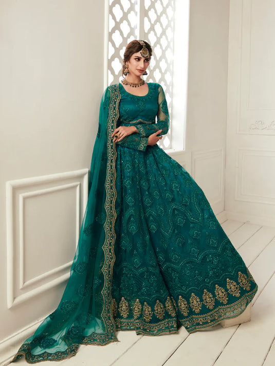 Rich Teal Bridal Lehenga with Balda Embroidery