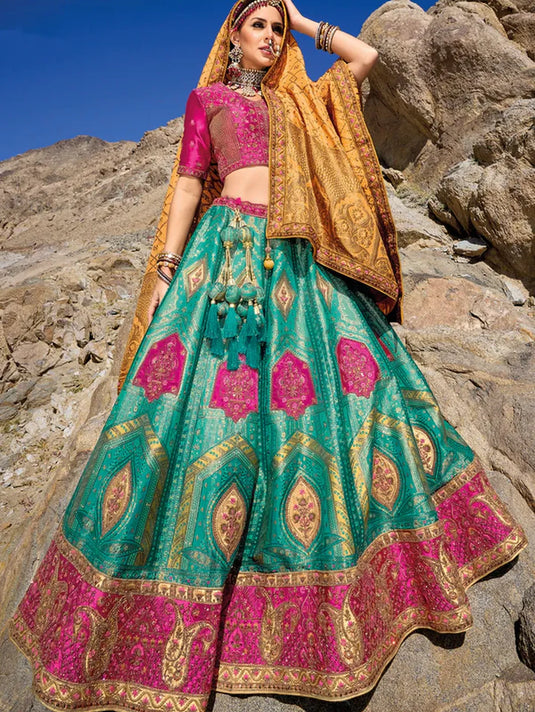 Elegant Teal and Pink Banarasi Silk Jacquard Lehenga with Dyeable Gajji Satin Blouse and Georgette Viscose Dupatta