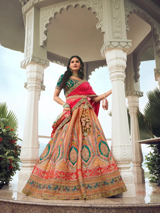 Golden Banarasi Silk Bridal Lehenga with Red and Green Accents