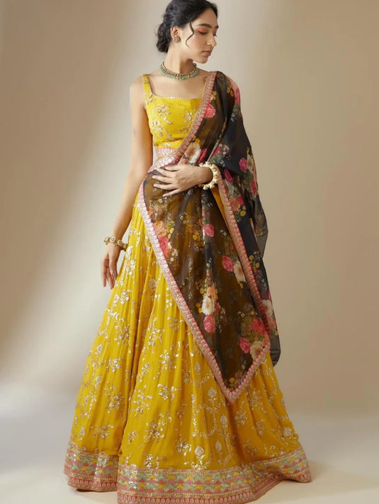 Georgette Floral Sequence Work Haldi Special Yellow Lehenga Choli