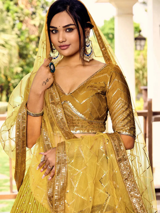 Zari Embroidered Chinon Silk Haldi Special Yellow Lehenga Choli