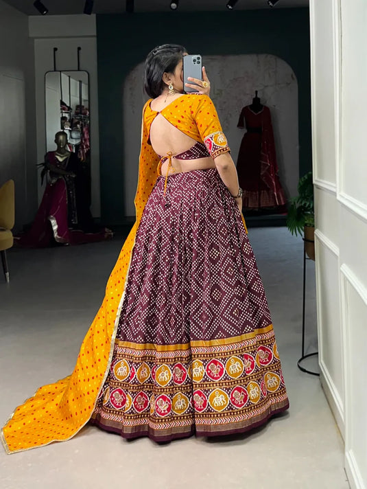 Tussar Silk With Bandhej & Patola Print Lehenga Choli