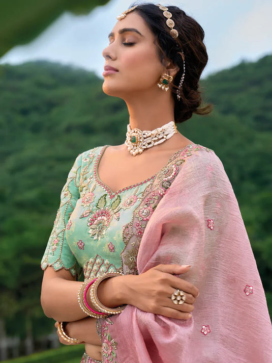 Mint Green Embroidered Lehenga Choli with Pink Dupatta