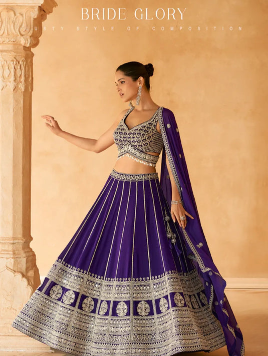 Royal Purple Embroidered Crop Top and Skirt Lehenga Set