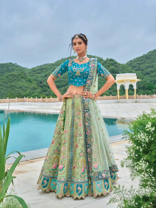 Aqua Blue and Mint Green Embroidered Lehenga with Dupatta