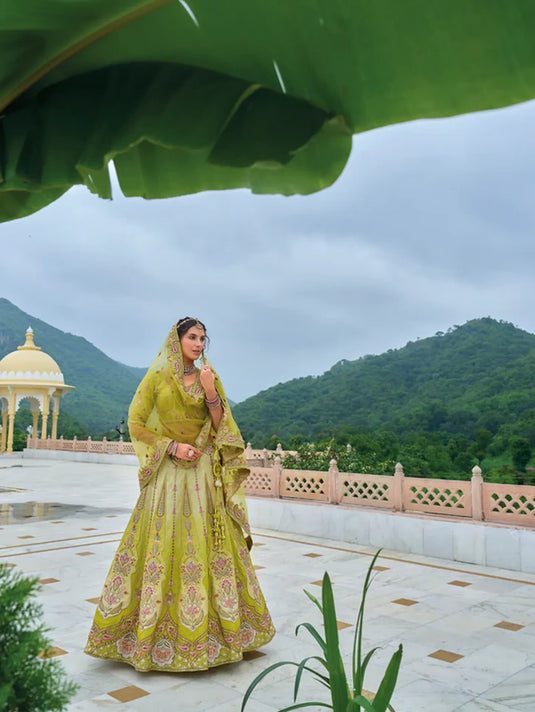 Lime Green Wedding Lehenga with Unique Embroidery Patterns