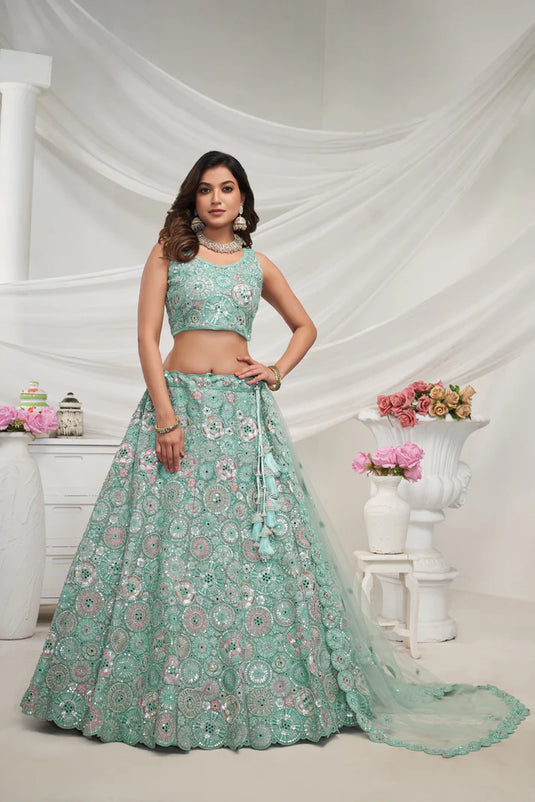 Sky Blue Lehenga Set with Floral Embroidery and Dupatta