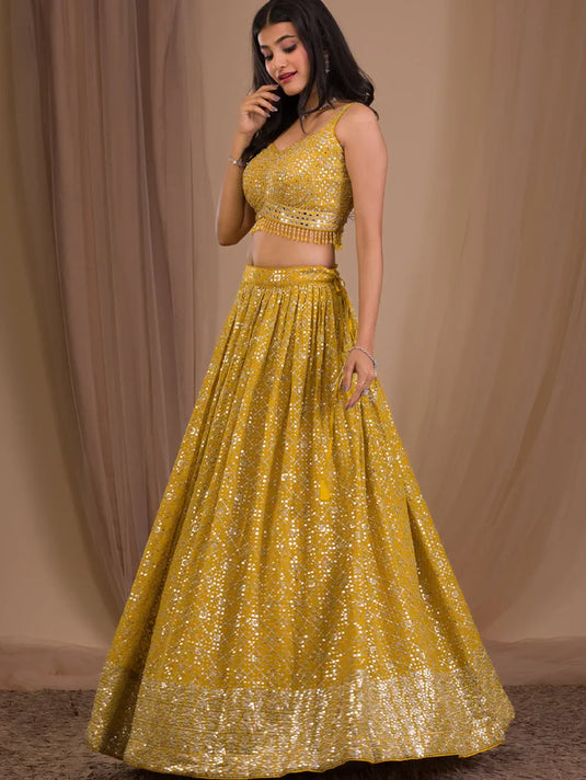 Sequence Work Georgette Haldi Special Designer Yellow Lehenga Choli