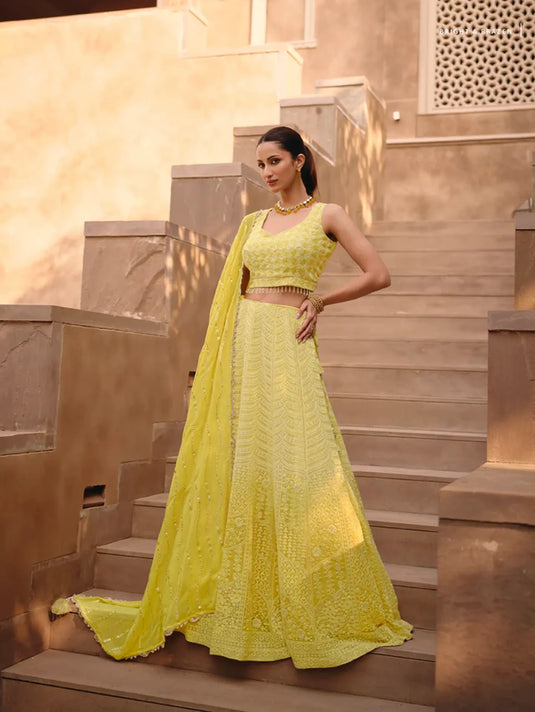 Yellow Embroidered Crop Top and Skirt Lehenga Set