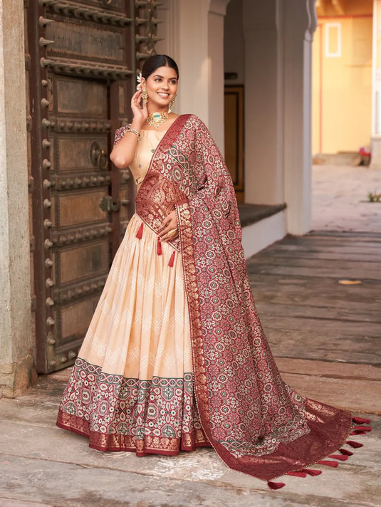 Women's Designer Party Wea Tussar Silk With Ajrakh Print Lehenga Choli