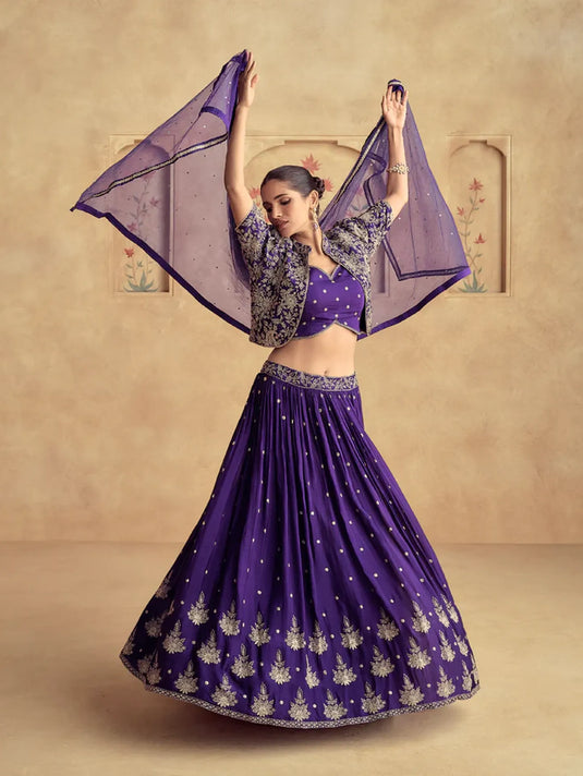 Royal Purple Chinnon Silk Embroidered Lehenga with Net Dupatta