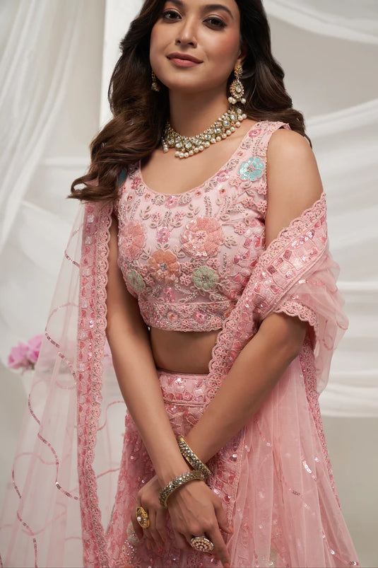 Elegant Pink Soft Net Lehenga Choli with Floral Embroidery