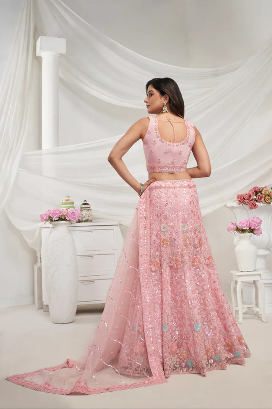 Elegant Pink Soft Net Lehenga Choli with Floral Embroidery