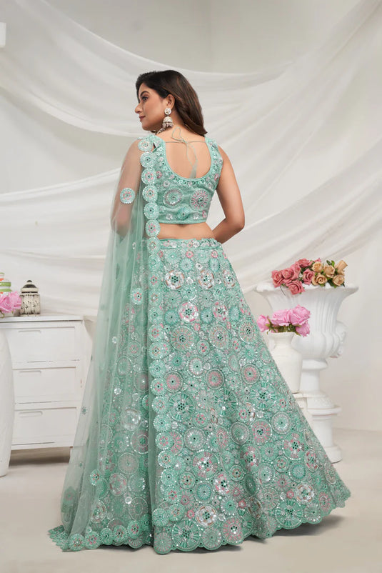 Sky Blue Lehenga Set with Floral Embroidery and Dupatta