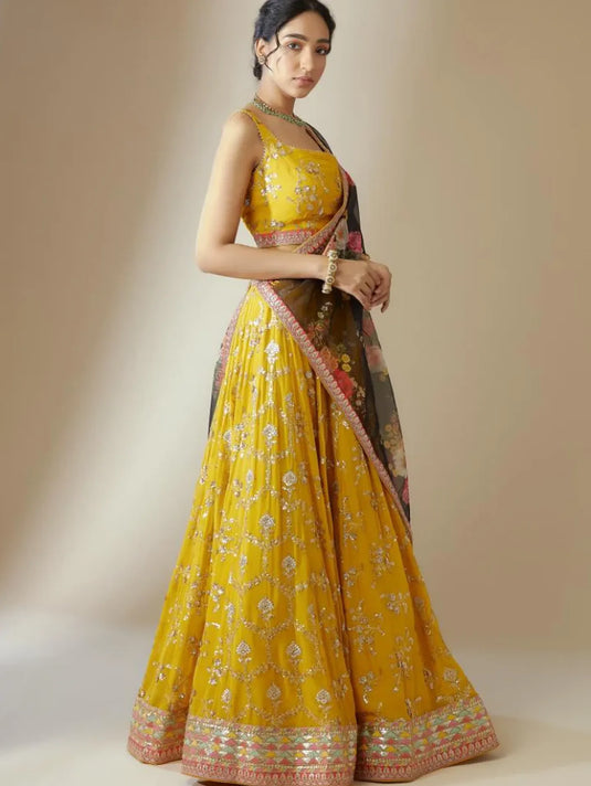 Georgette Floral Sequence Work Haldi Special Yellow Lehenga Choli