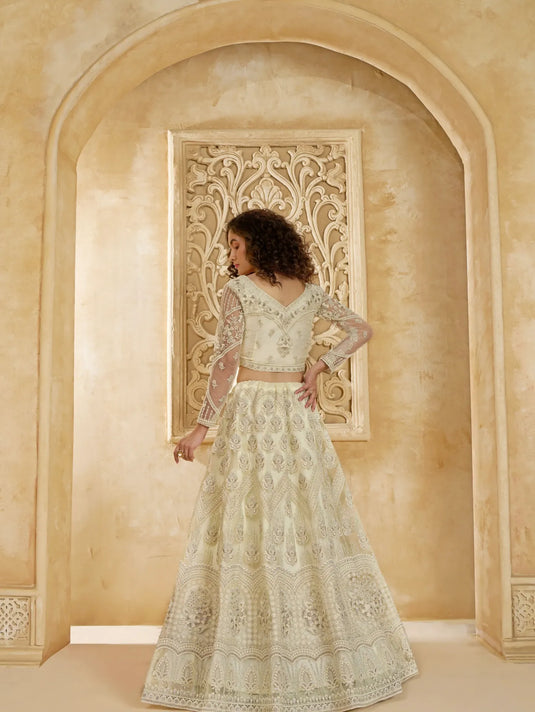 Ivory Net Lehenga Choli with Heavy Embroidery & Stonework