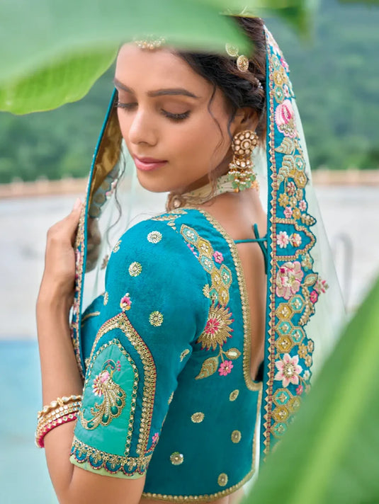 Aqua Blue and Mint Green Embroidered Lehenga with Dupatta