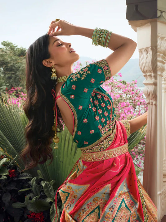 Golden Banarasi Silk Bridal Lehenga with Red and Green Accents