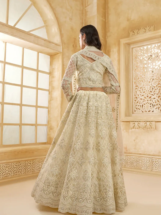 Ivory Net Embroidered Lehenga with Stone & Cording Work