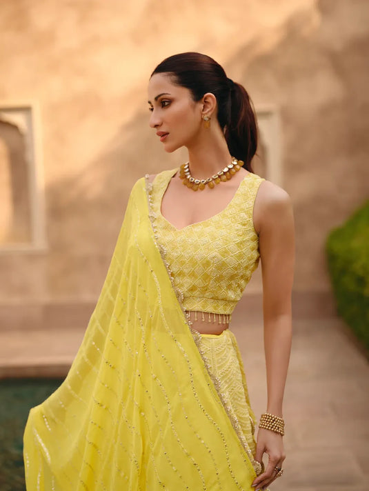 Yellow Embroidered Crop Top and Skirt Lehenga Set