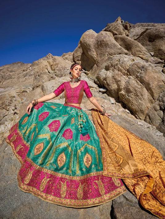 Elegant Teal and Pink Banarasi Silk Jacquard Lehenga with Dyeable Gajji Satin Blouse and Georgette Viscose Dupatta