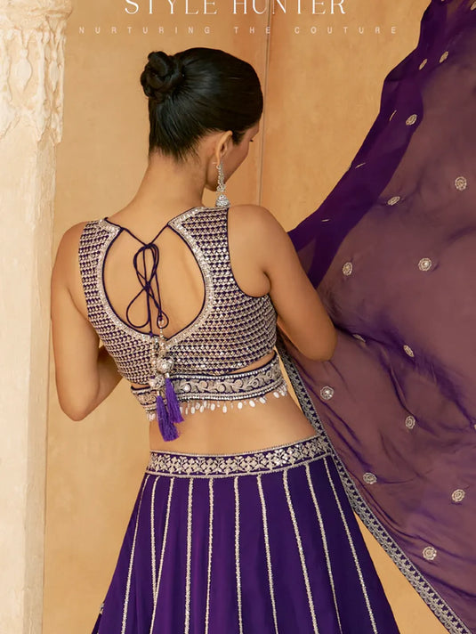 Royal Purple Embroidered Crop Top and Skirt Lehenga Set