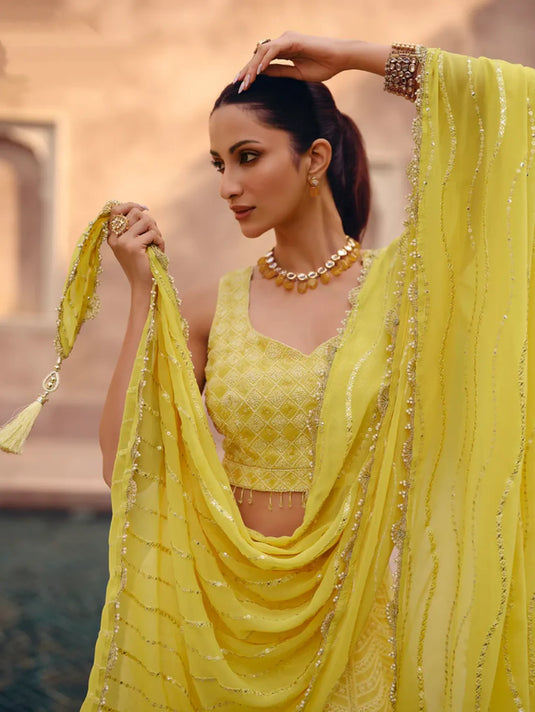 Yellow Embroidered Crop Top and Skirt Lehenga Set