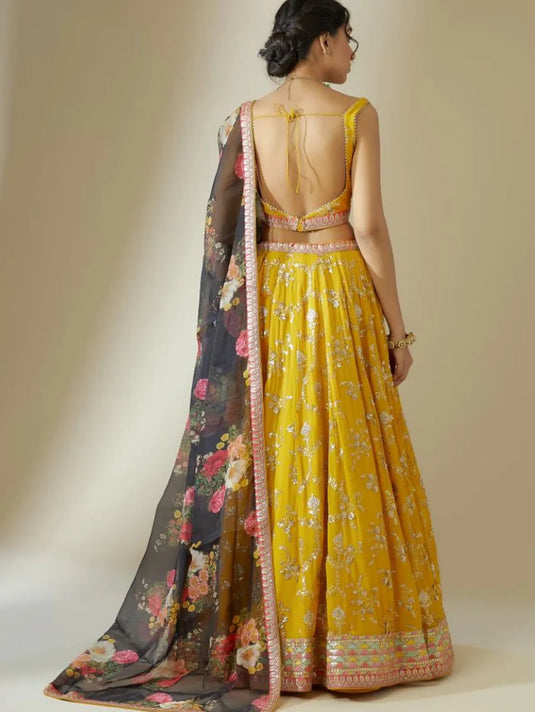 Georgette Floral Sequence Work Haldi Special Yellow Lehenga Choli