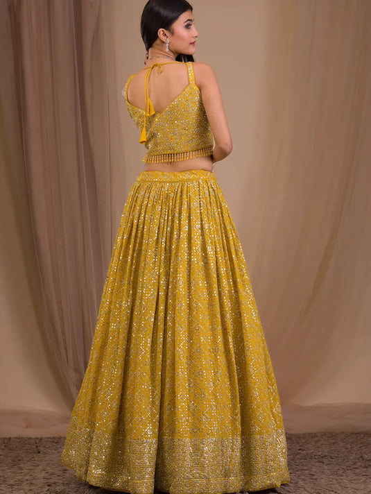 Sequence Work Georgette Haldi Special Designer Yellow Lehenga Choli